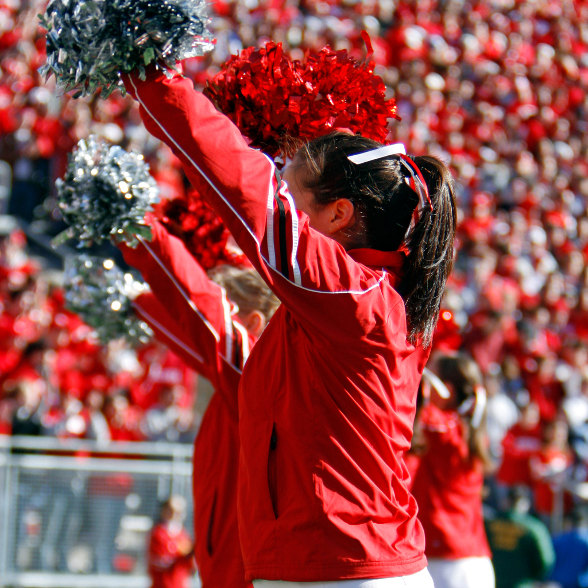 A group of cheerleaders are pictured from the side, arms raised with pom poms, cheering for a crowd.